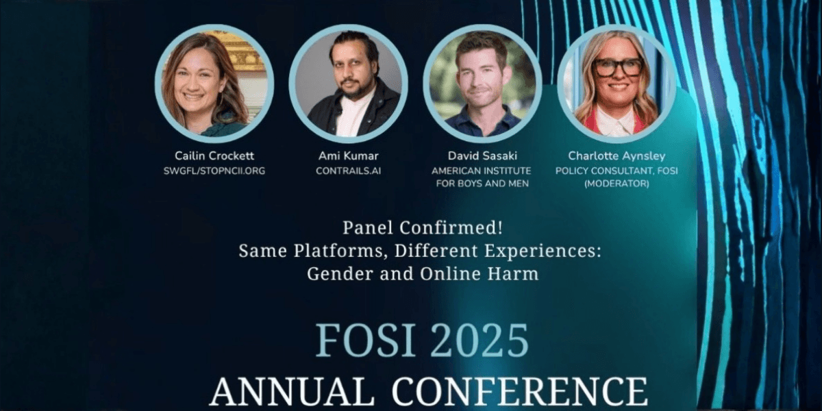 The image showcases the FOSI 2025 panel speakers, including Ami Kumar of Contrails AI, addressing online harm and gender issues.
