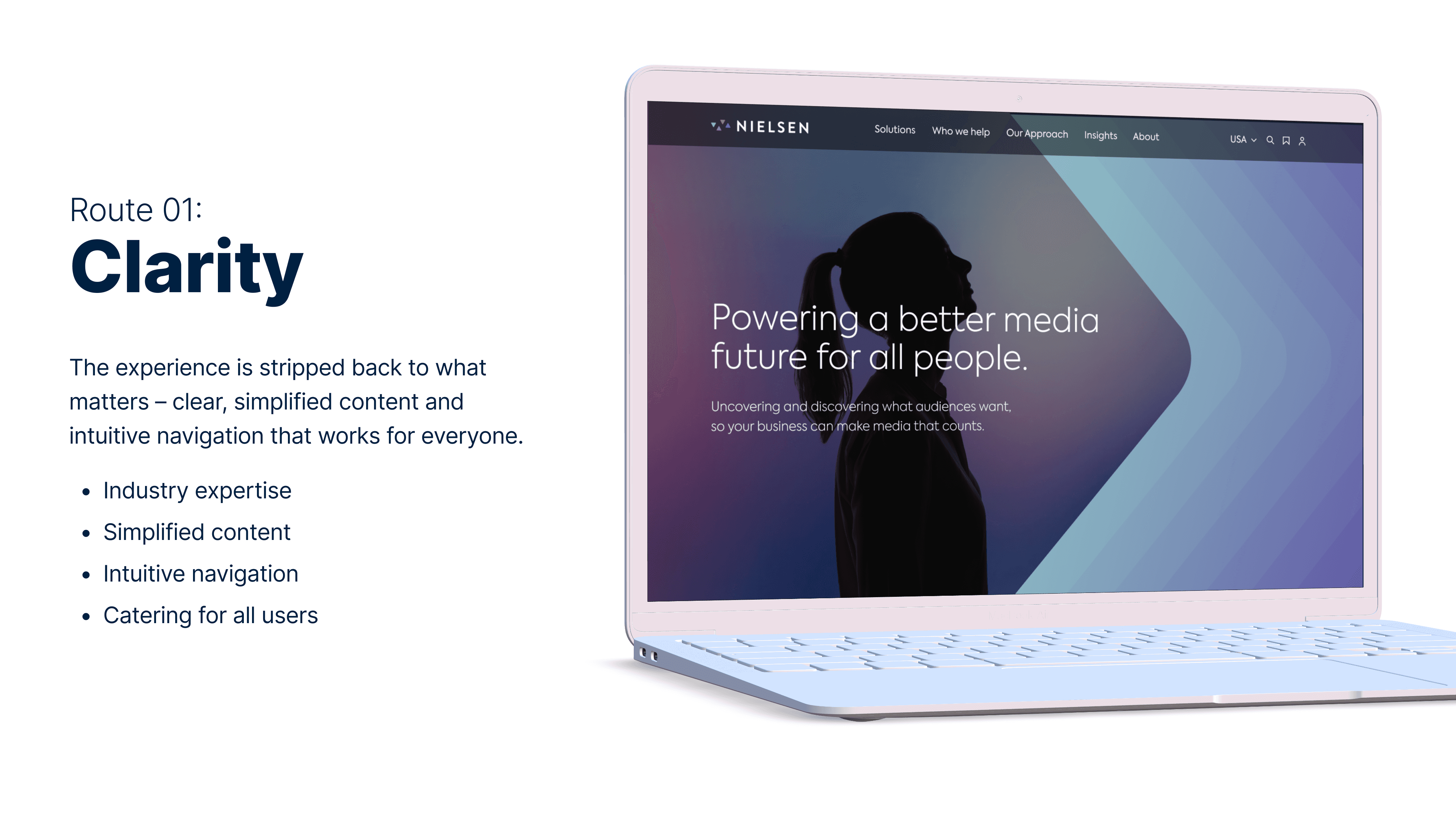 Mockup of the Nielsen website displayed on a laptop, showing the Clarity design route.