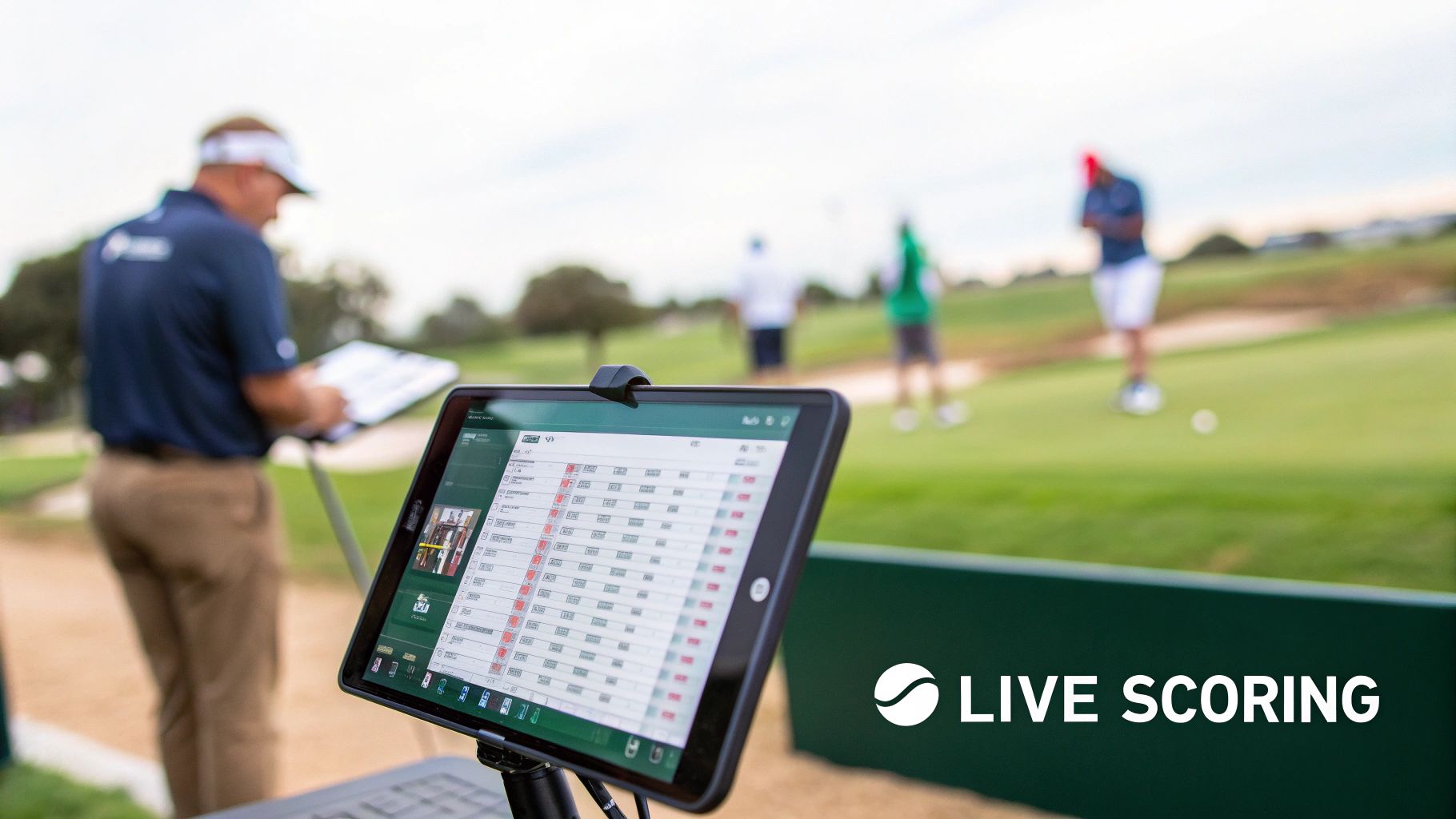 A tablet displays live golf scores on a course with an official and players.