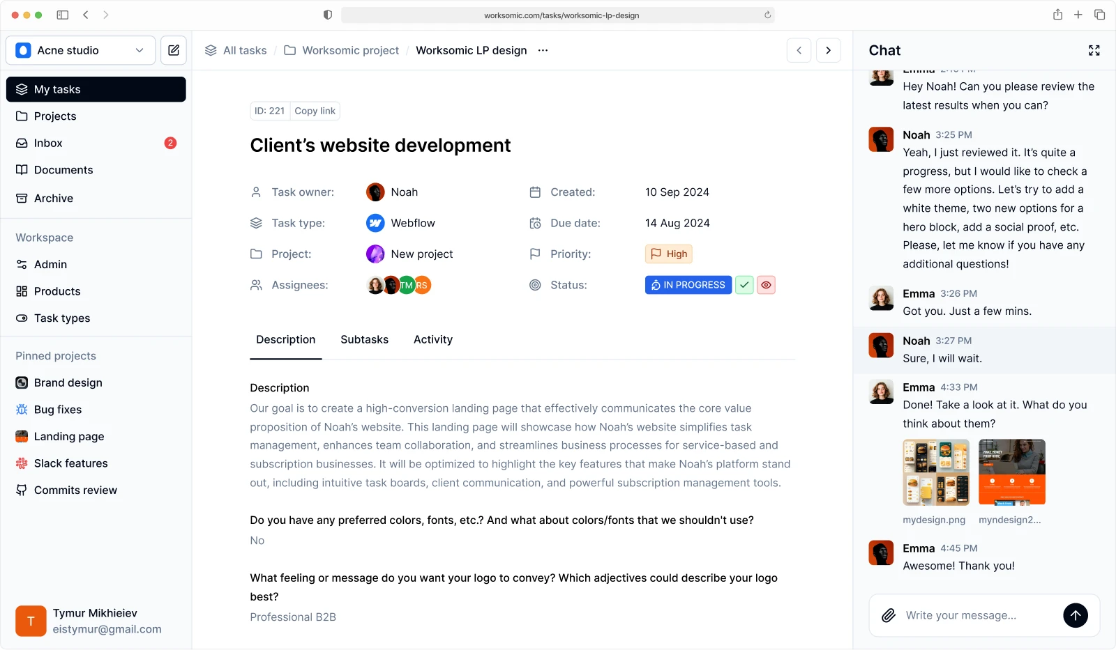 Worksomic task UI screen