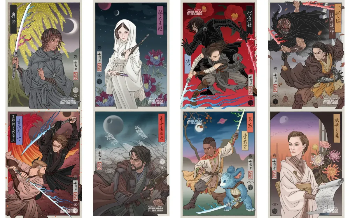 Star Wars Celebration Japan Badge Art featuring Osha Aniseya, Leia Organa, Rey & Kylo Ren, Master Sol & The Stranger, Obi-Wan Kenobi & Anakin Skywalker, Cassian Andor, Kai Brightstar & Nubs, and Mon Mothma.