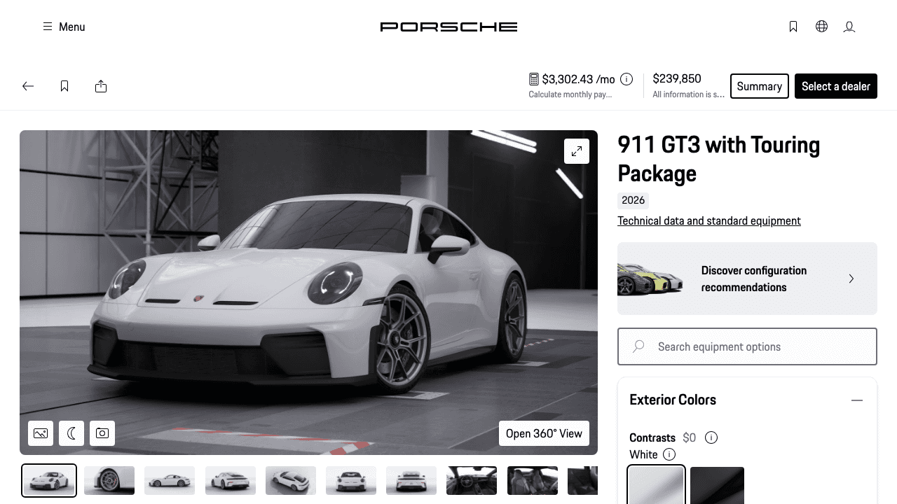 Porsche 911 GT3 Touring configurator — 46 pre-rendered images, zero WebGL. Fast by default, 3D optional.