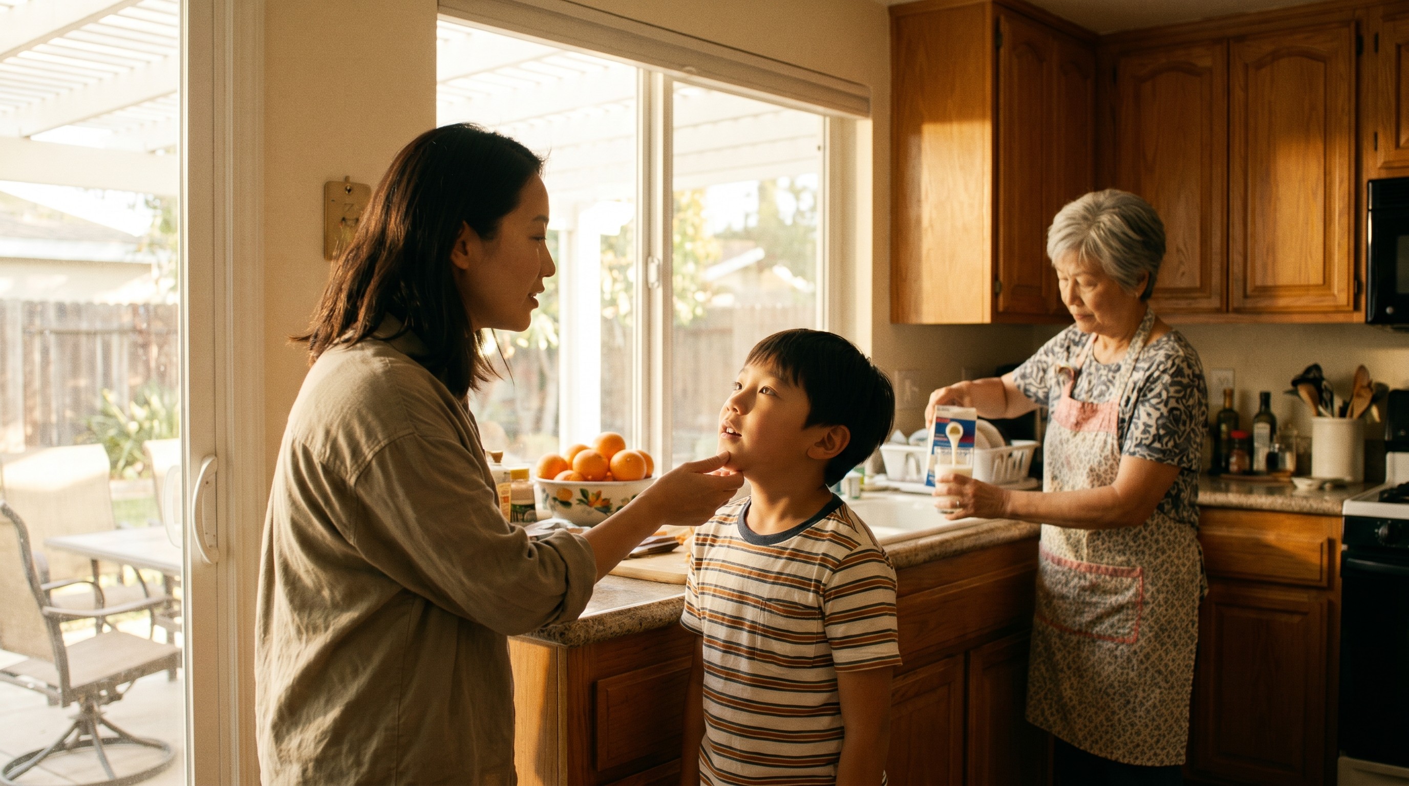 Mother in sunlit La Mirada kitchen checking her young son's front tooth while grandmother pours milk nearby