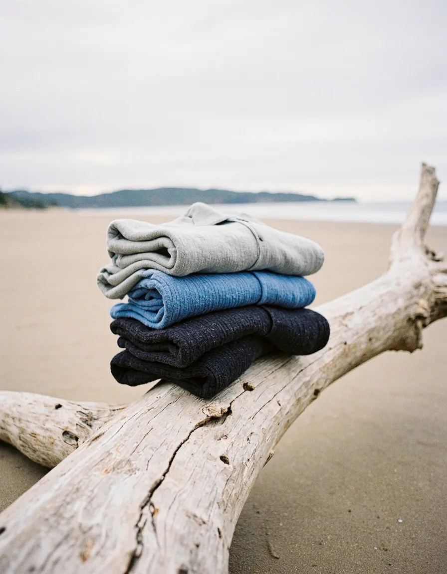 Stack of folded garments in gray, blue, and navy arranged on driftwood at a serene beach with distant hills under overcast sky.