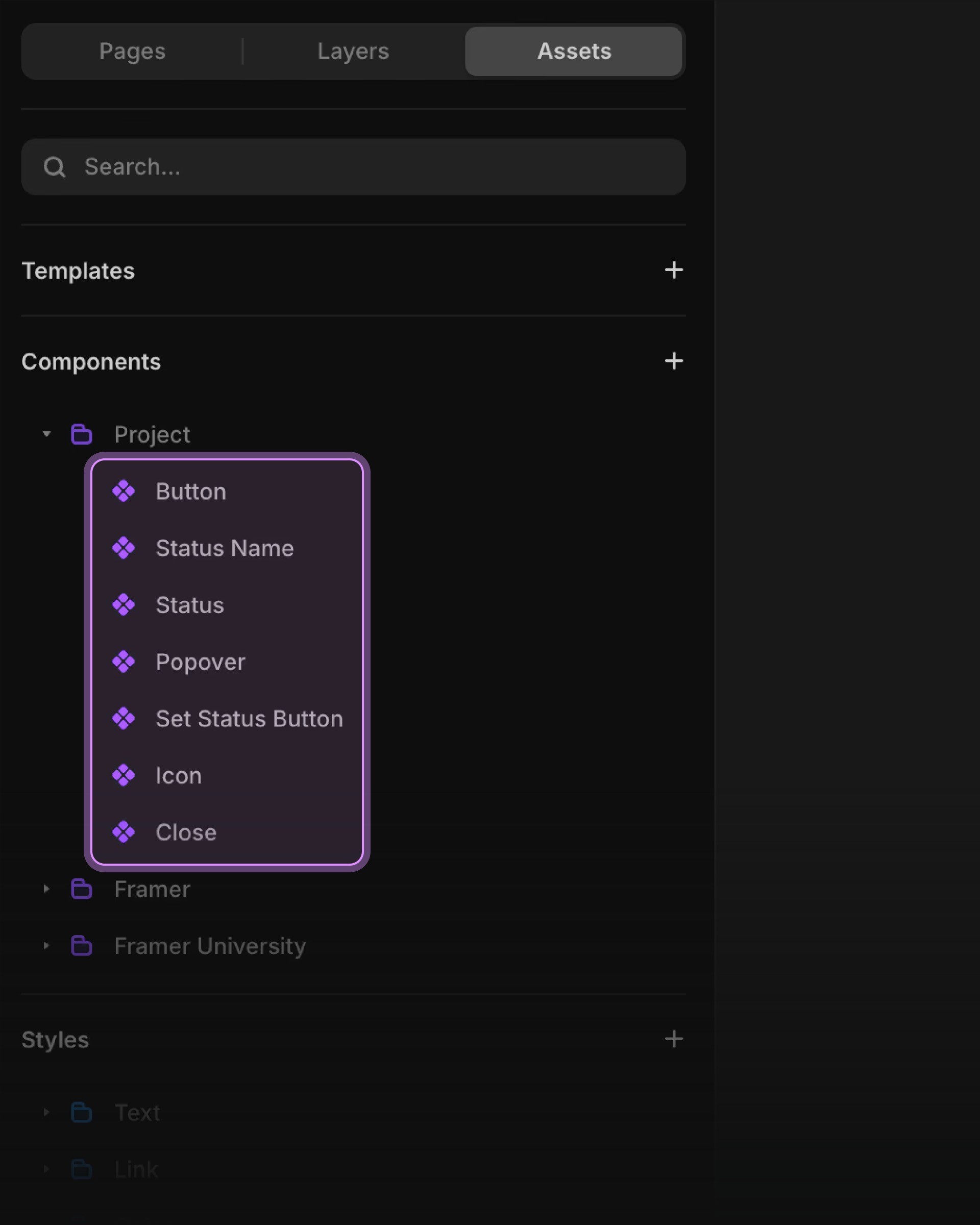 Framer Assets panel showing project components like Button, Status, and Popover