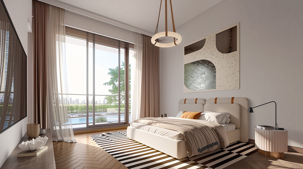 A stylish bedroom showcasing a panoramic view of the Elmora city skyline through its expansive window.