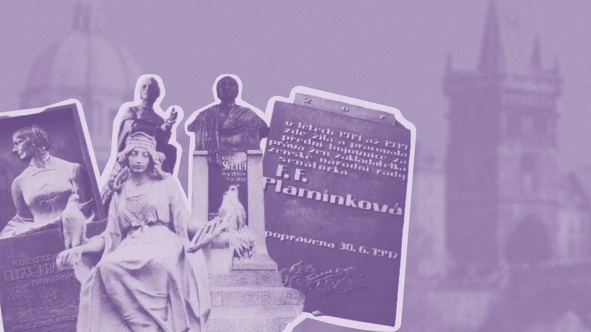 Collage of historical Czech figures on a soft purple historical background