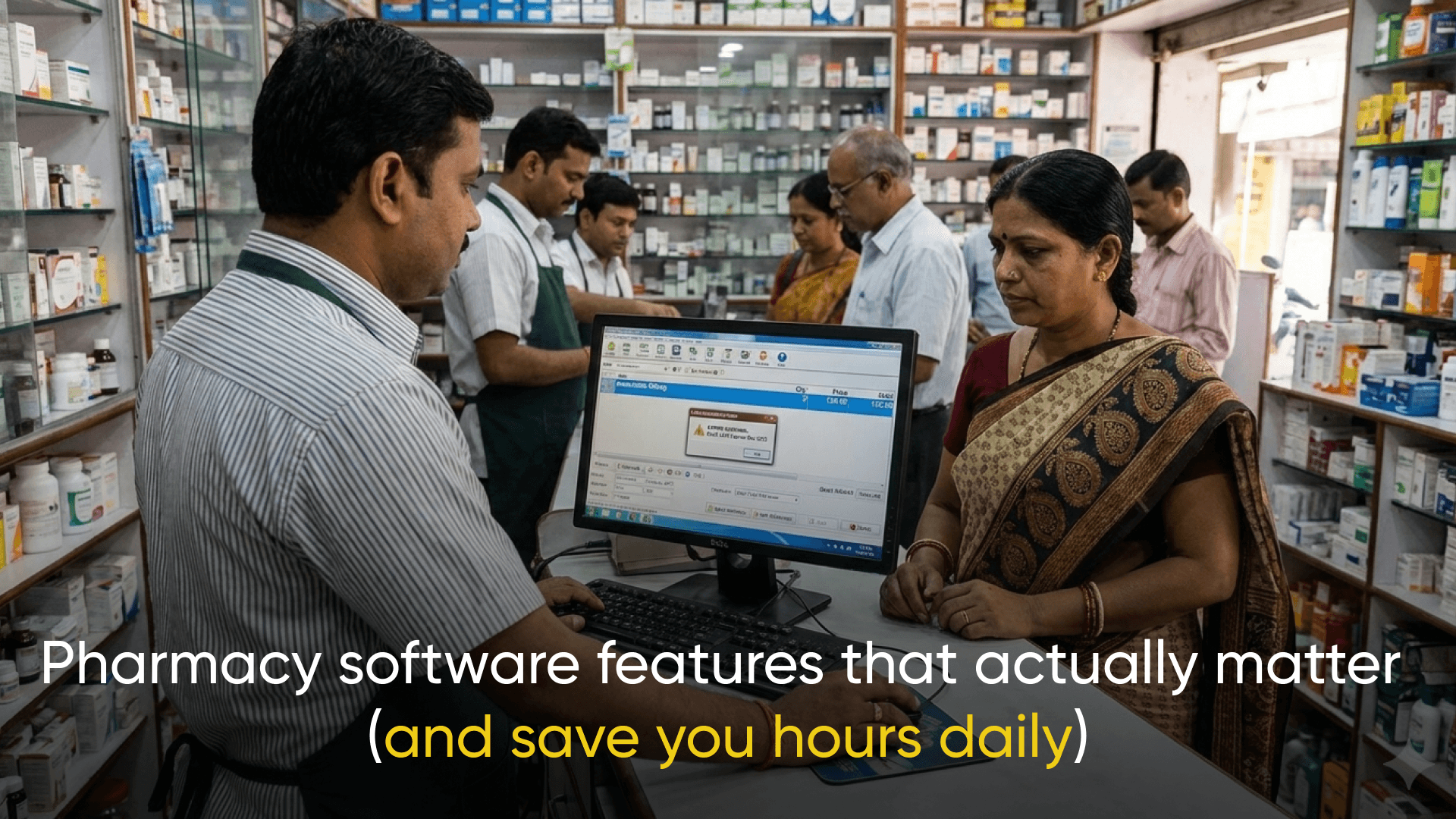 Indian pharmacist billing a customer at a busy medical store counter using pharmacy software, with medicine shelves and other customers visible in the background.