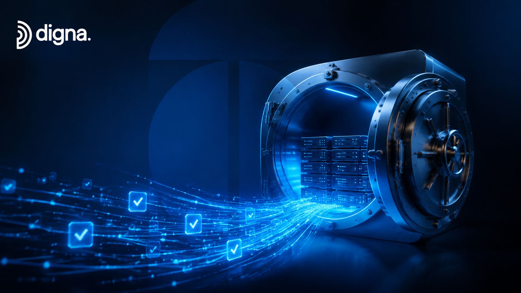A digital vault containing secure servers with blue light streaks flowing out, symbolizing protected data transfer.