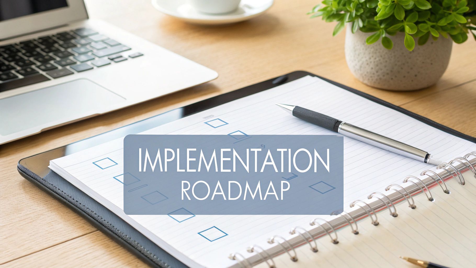 A desk with a laptop, notebook, pen, and coffee, featuring an 'Implementation Roadmap' overlay.