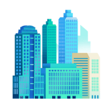<img src="animated-blue-cyan-buildings.png" alt="Animated group of modern buildings in blue and cyan shades with dynamic effects" />