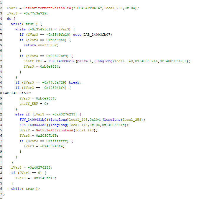 Ein Screenshot eines in einer Programmiersprache geschriebenen Computercodes, der Funktionen, bedingte Anweisungen und Variablenzuweisungen anzeigt. Der Code enthält Schleifen und Speicheroperationen, wobei die Syntax in verschiedenen Farben hervorgehoben wird.