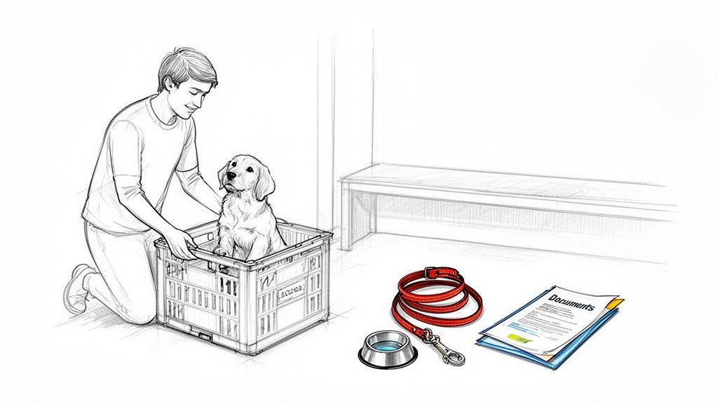 A man kneels beside a crate containing a golden retriever puppy, with a leash, bowl, and documents nearby.