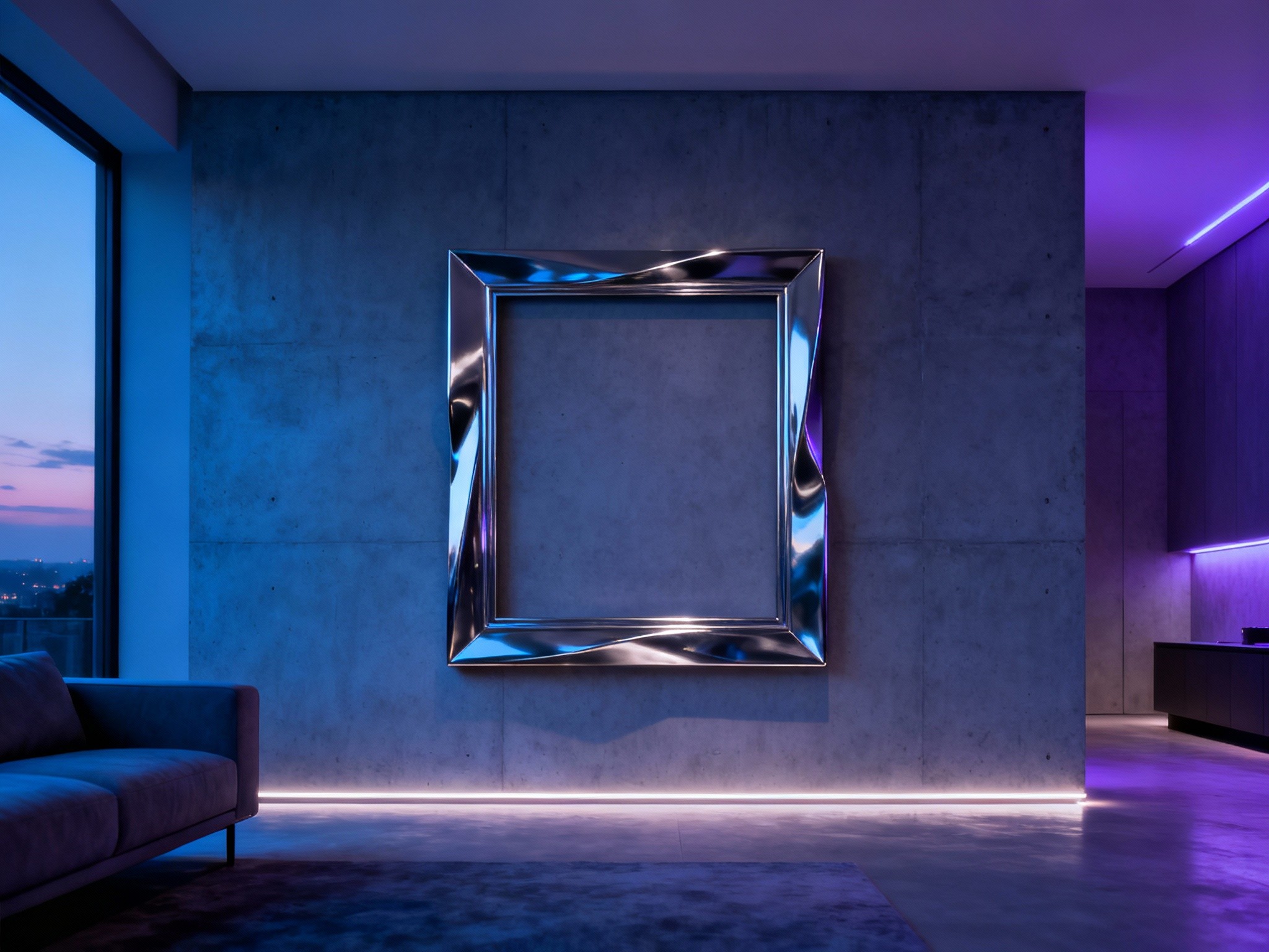 An expansive wide-angle view of a modern minimalist living room at dusk, showcasing a singular