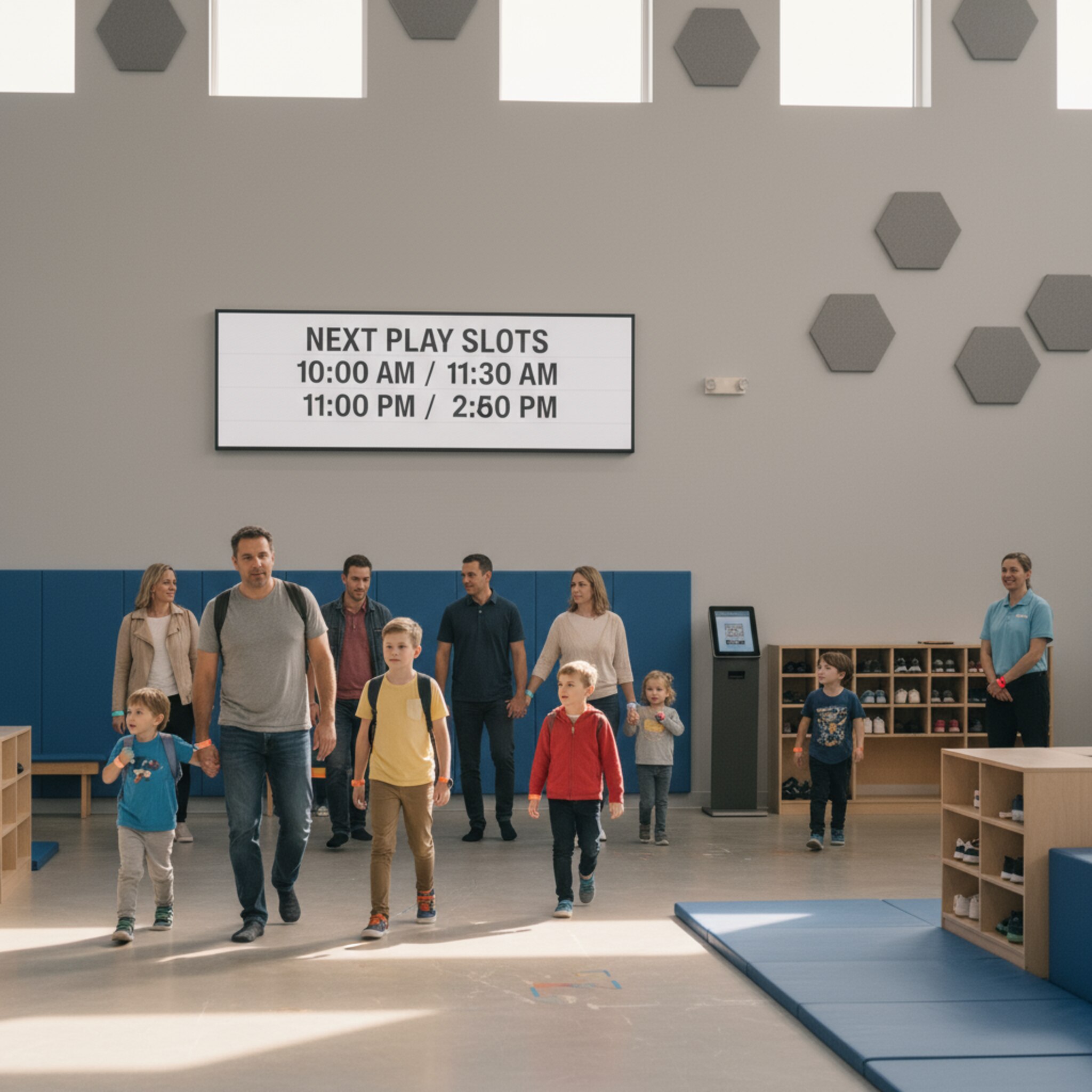 Am Eingang hängt eine schlichte Tafel mit den Zeiten des nächsten Spielslots. Eltern kommen entspannt in kleinen Gruppen, Kinder tragen fröhlich farbige Armbänder. Das Licht ist warm, die Bodenmarkierungen führen klar in den Spielbereich. Nichts wirkt gedrängt, der Raum bleibt offen und übersichtlich.