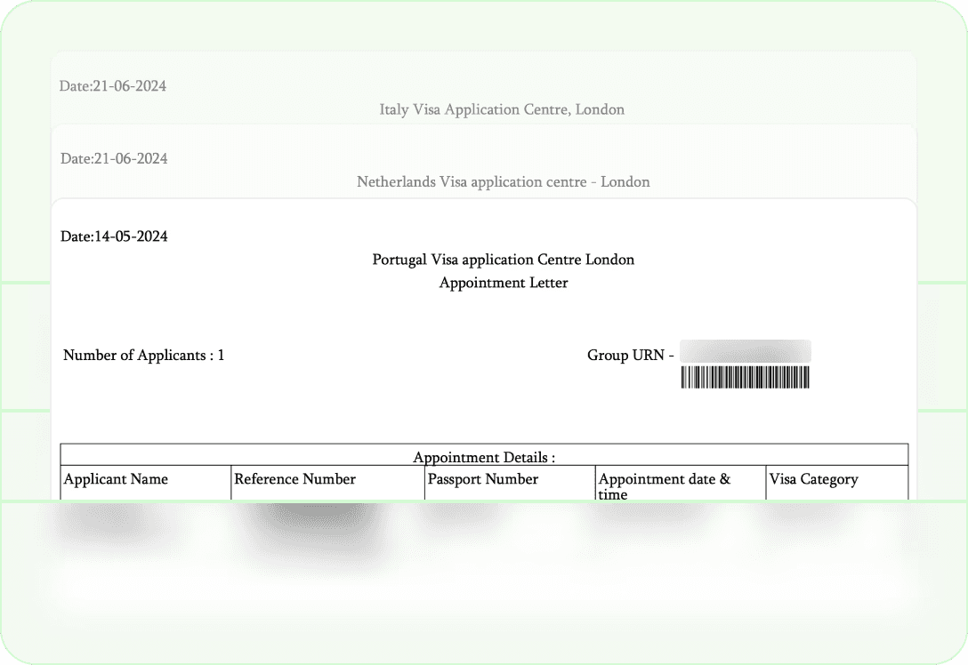 Example of a confirmed visa appointment booking