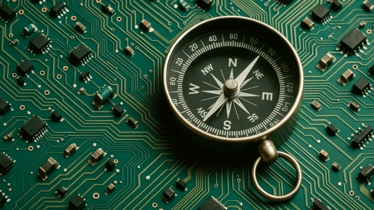 A brass compass on a circuit board symbolizing navigation through technical leadership—balancing hands-on expertise with strategic direction.