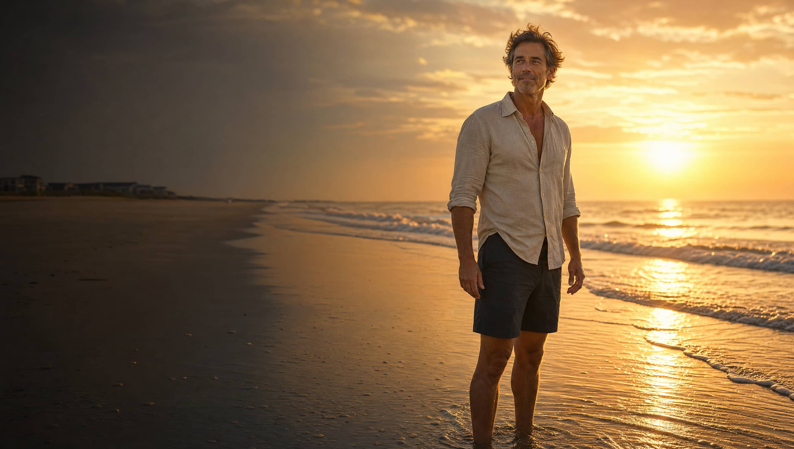 Man walking on a Lowcountry beach at sunset reflecting optimized health and vitality