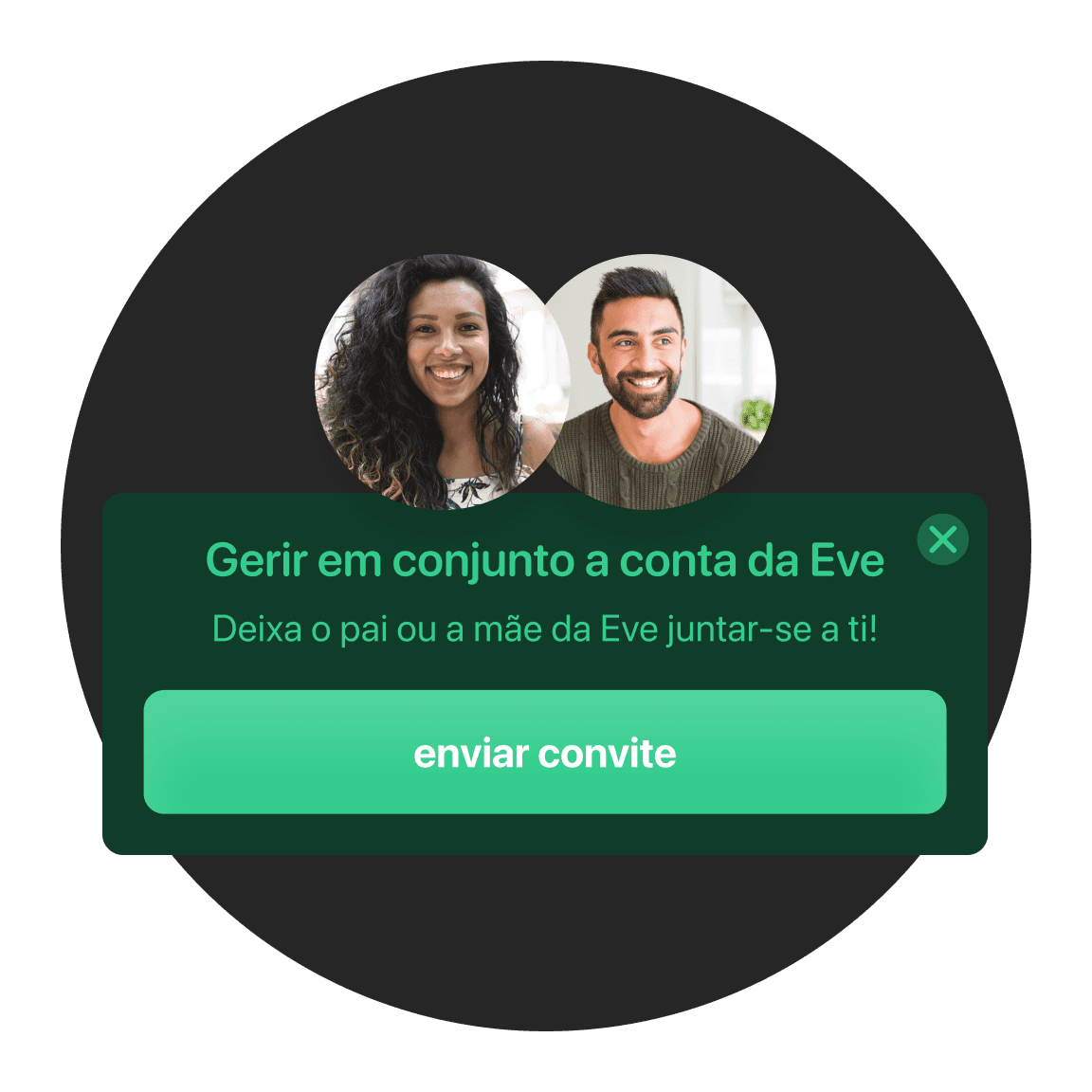 Interface de utilizador a mostrar duas fotos de perfil com uma sugestão para gerir uma conta e um botão verde "Restore".