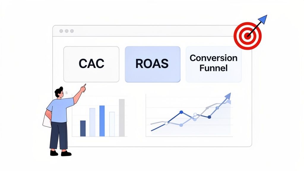 A person points at a digital marketing dashboard showing CAC, ROAS, conversion funnel, charts, and a target.
