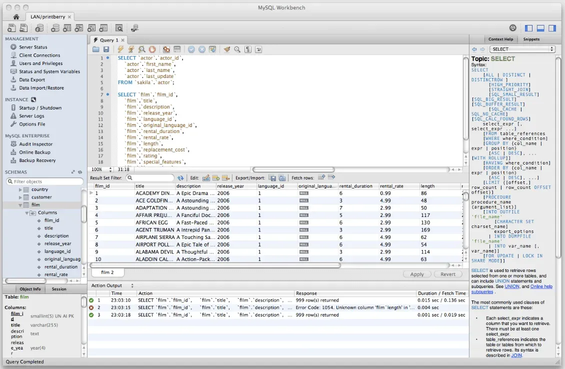 The MySQL Workbench query view.