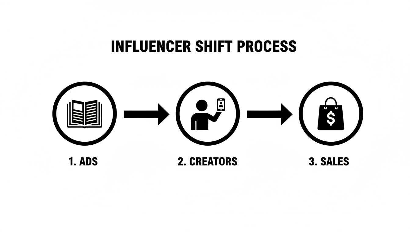 Diagram showing the influencer shift process: 1. Ads (book icon), 2. Creators (person with phone), 3. Sales (shopping bag with dollar sign).