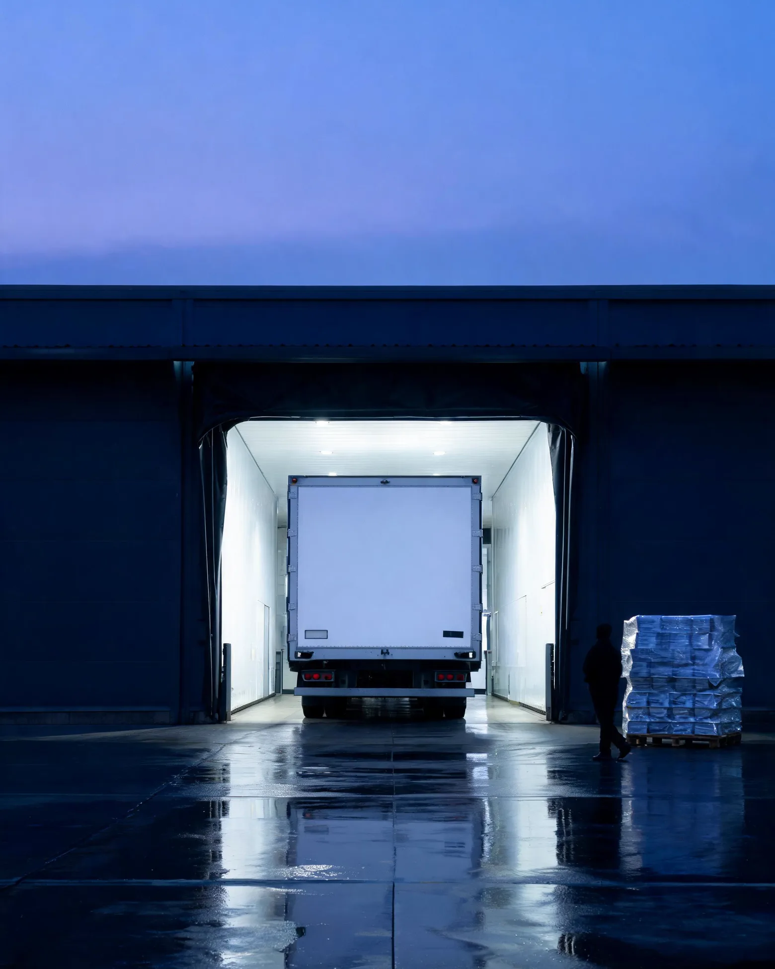 A refrigerated trailer backed into a lit loading dock at dusk, with a wrapped pallet beside the bay