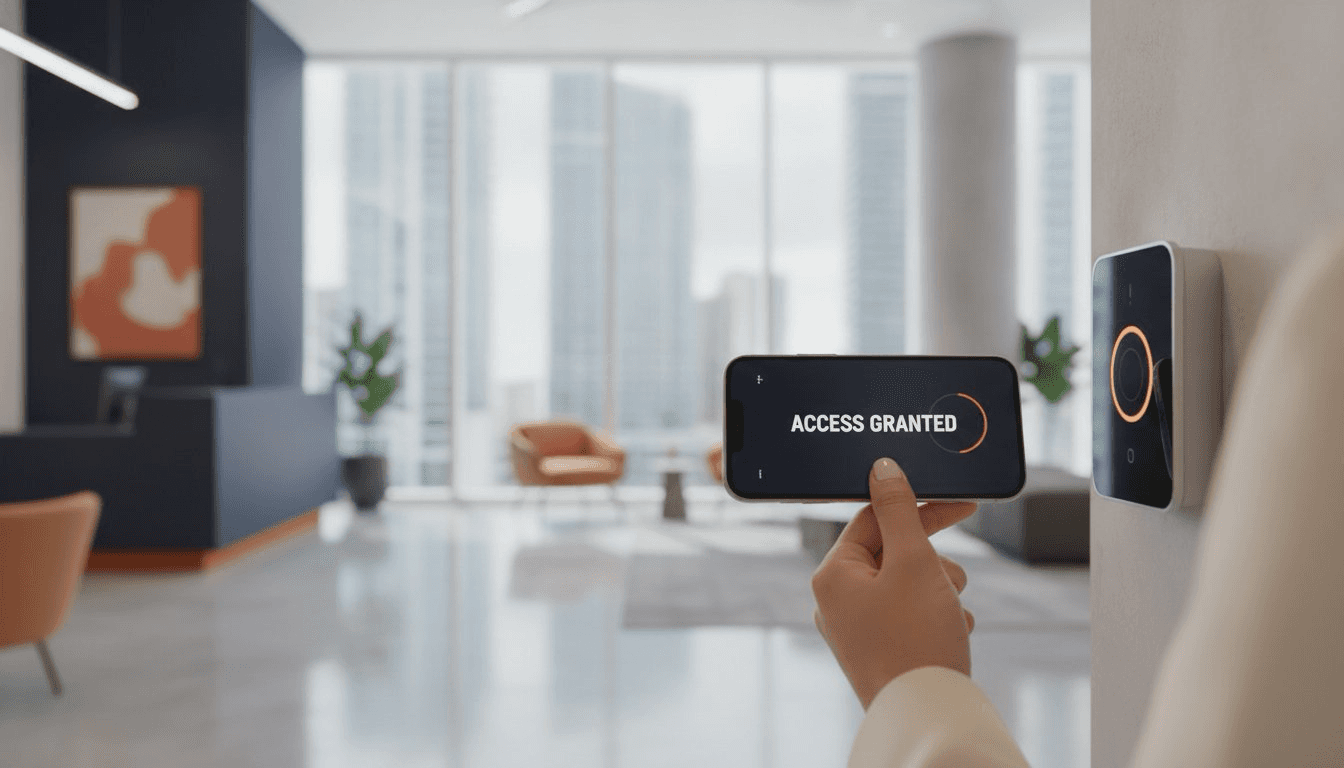 Modern Miami office entrance with a UniFi Access reader providing secure keyless entry.