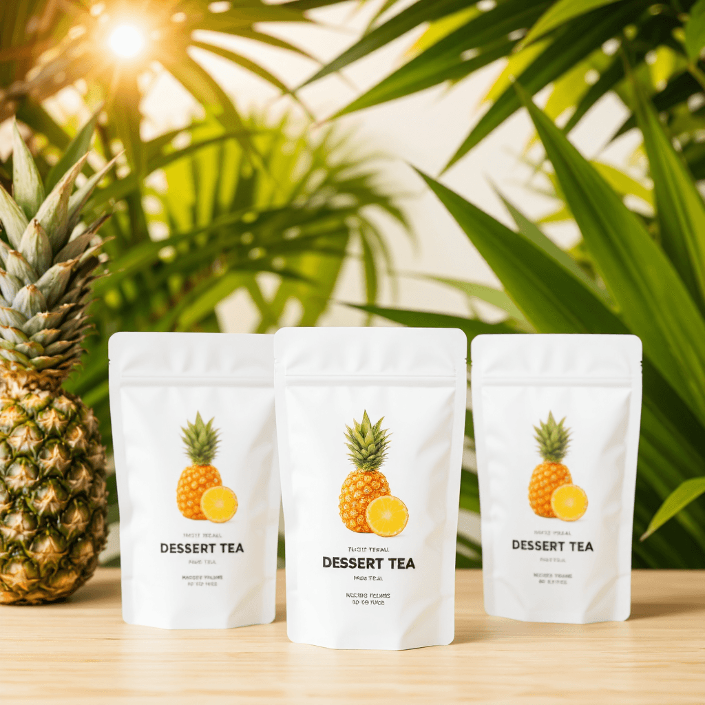 product photography of packets of pineapple vinegar dessert tea