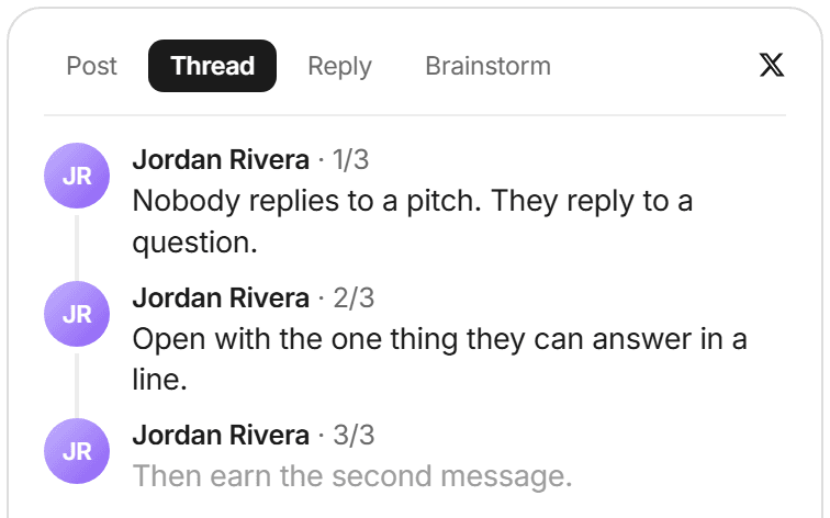Studio's formats: post, thread, reply and brainstorm, with a three-post Twitter thread drafted in your voice