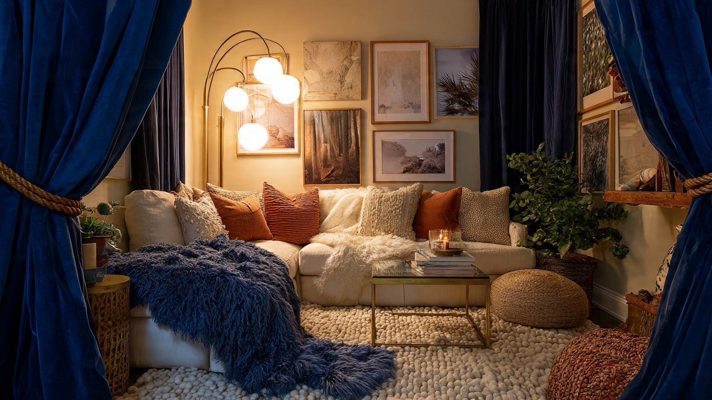 Cozy living room with a white sectional sofa, blue and rust throw pillows, a fluffy blue blanket, dark blue curtains, warm lamp light, and nature art.
