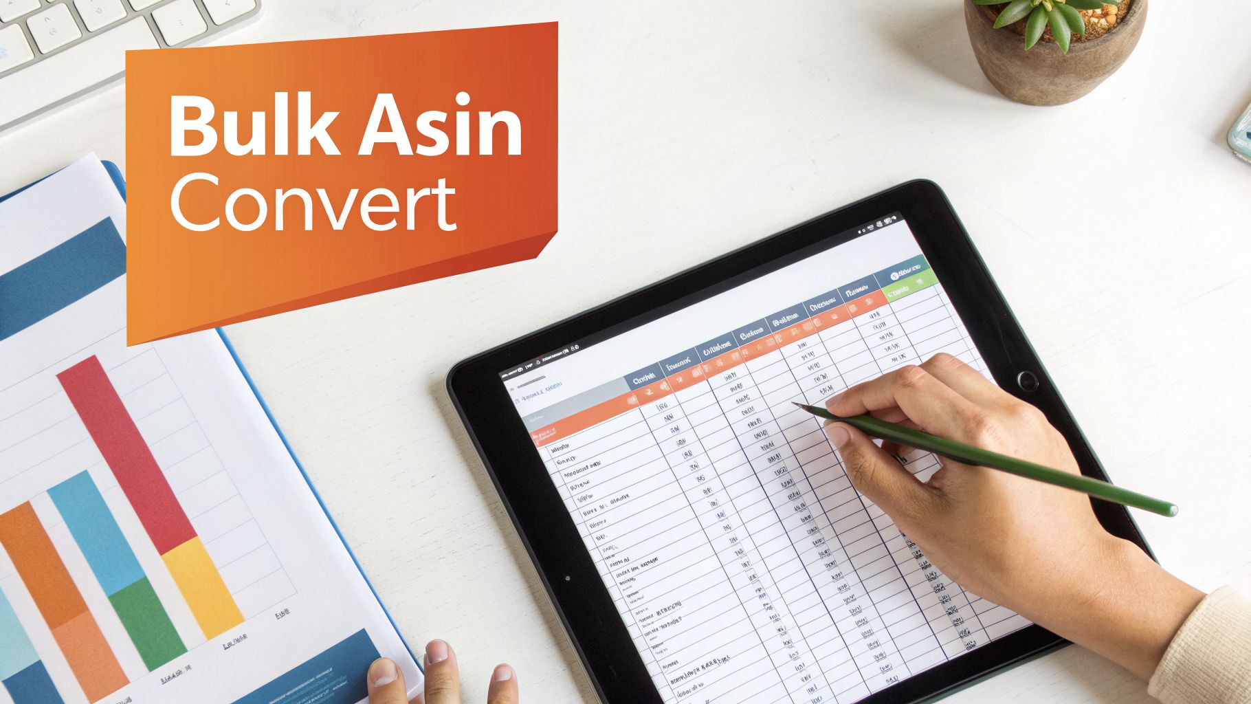 Overhead view of a person using a tablet with a spreadsheet and a 'Bulk Asin Convert' banner.