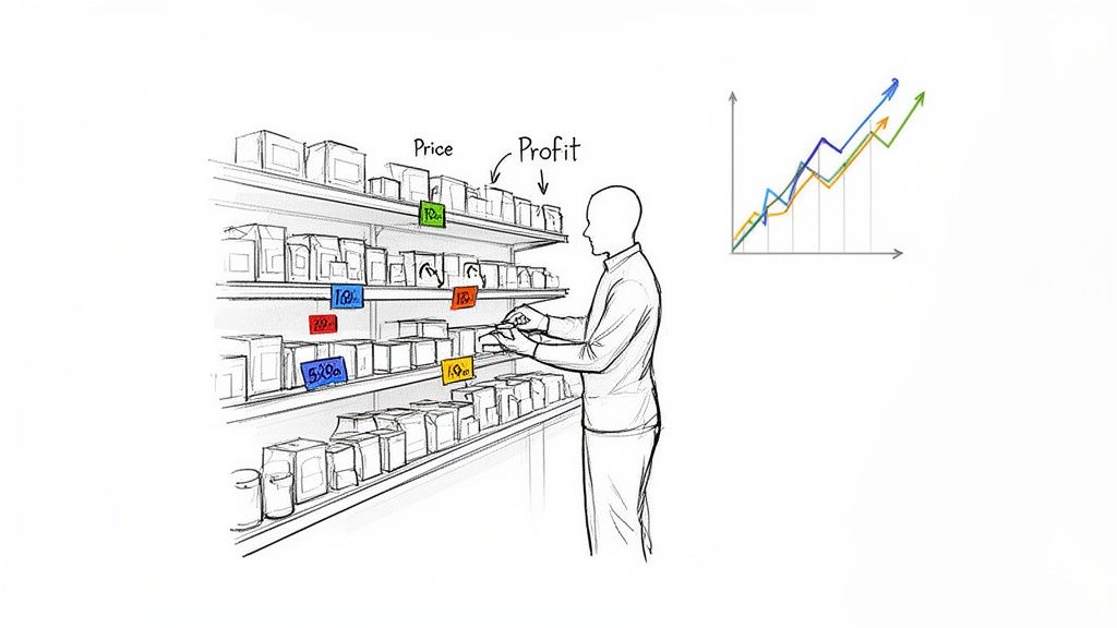 A person in a store aisle adjusting price tags on shelves, illustrating pricing for profit and growth.