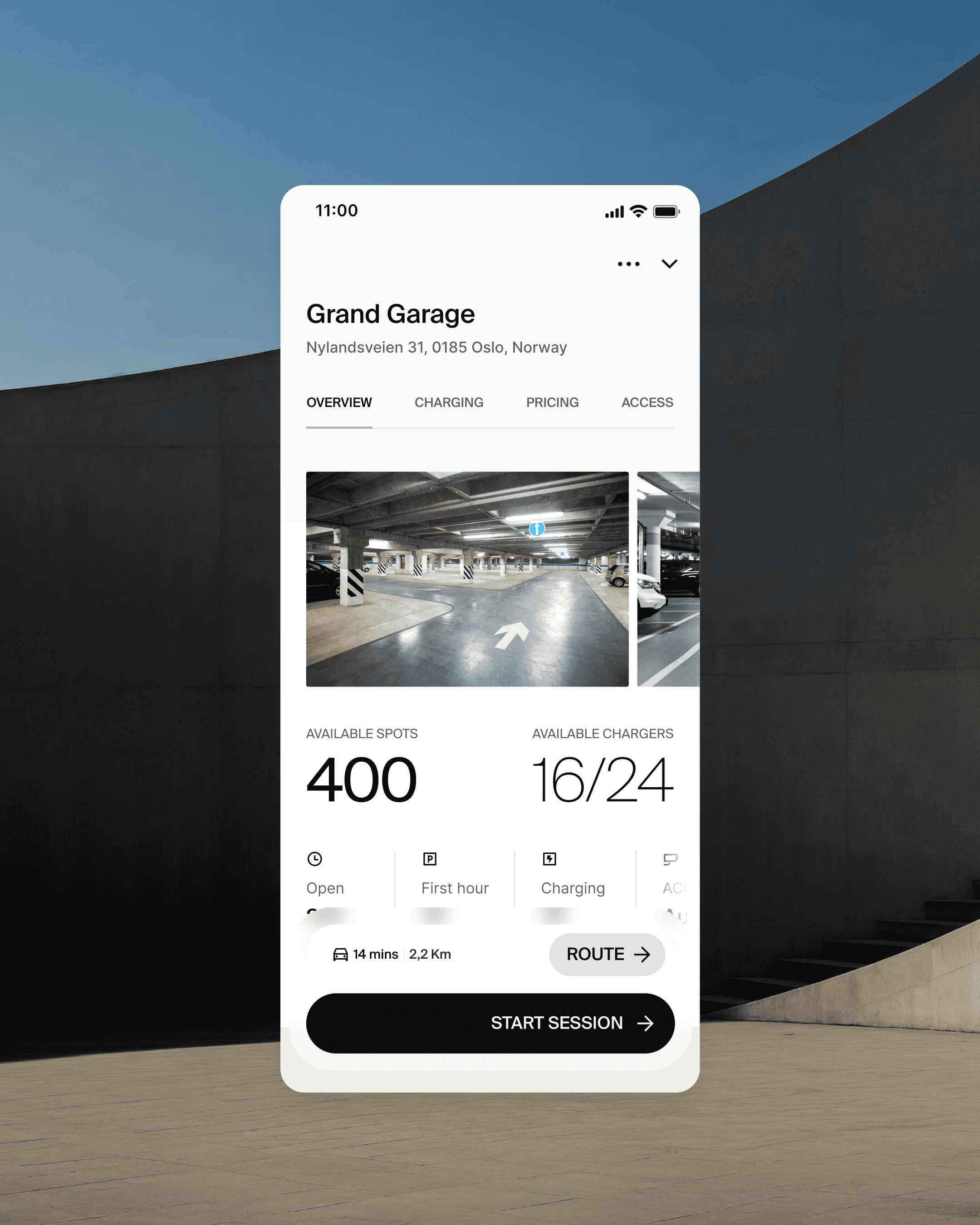 Close-up of the APCOA Flow parking interface showing the parking profile.