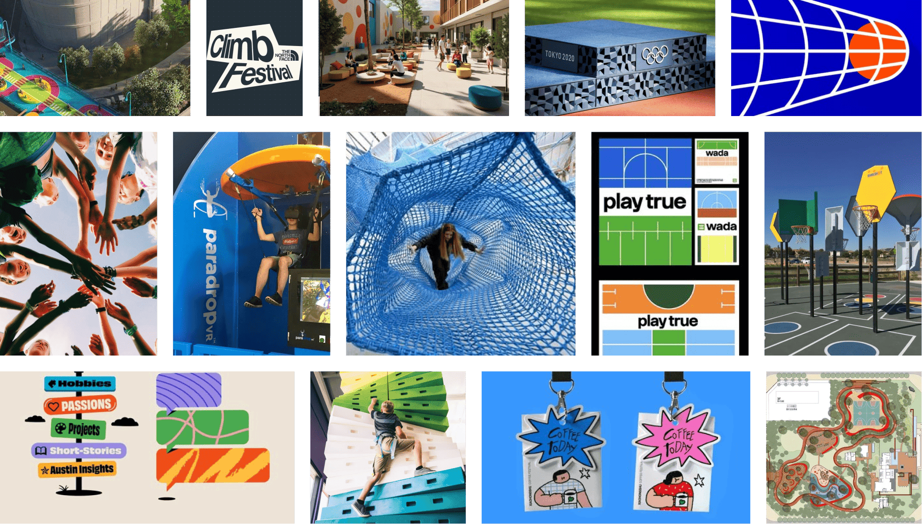 Moodboard d'inspiration créative et direction artistique, centré sur les thèmes du sport, du jeu, de la communauté et de l'extérieur (outdoor). L'image est une grille de 15 visuels incluant : des motifs graphiques audacieux (bleu, orange, vert), des références de design (logo Tokyo 2020, charte graphique sportive WADA, schémas de terrain), des scènes d'activités (escalade, parc d'aventure, skate-park, basketball), des interactions humaines (mains jointes, enfants). On distingue aussi un diagramme de flux (flowchart) aux formes organiques et des exemples de branding lifestyle. Ce moodboard illustre la phase de recherche pour des projets de direction artistique, de branding événementiel, de design d'expérience utilisateur (UX) et de création d'identité visuelle moderne pour des marques centrées sur le mouvement, le jeu et la communauté. Ce travail précurseur est essentiel au processus créatif de Nux-Studio.