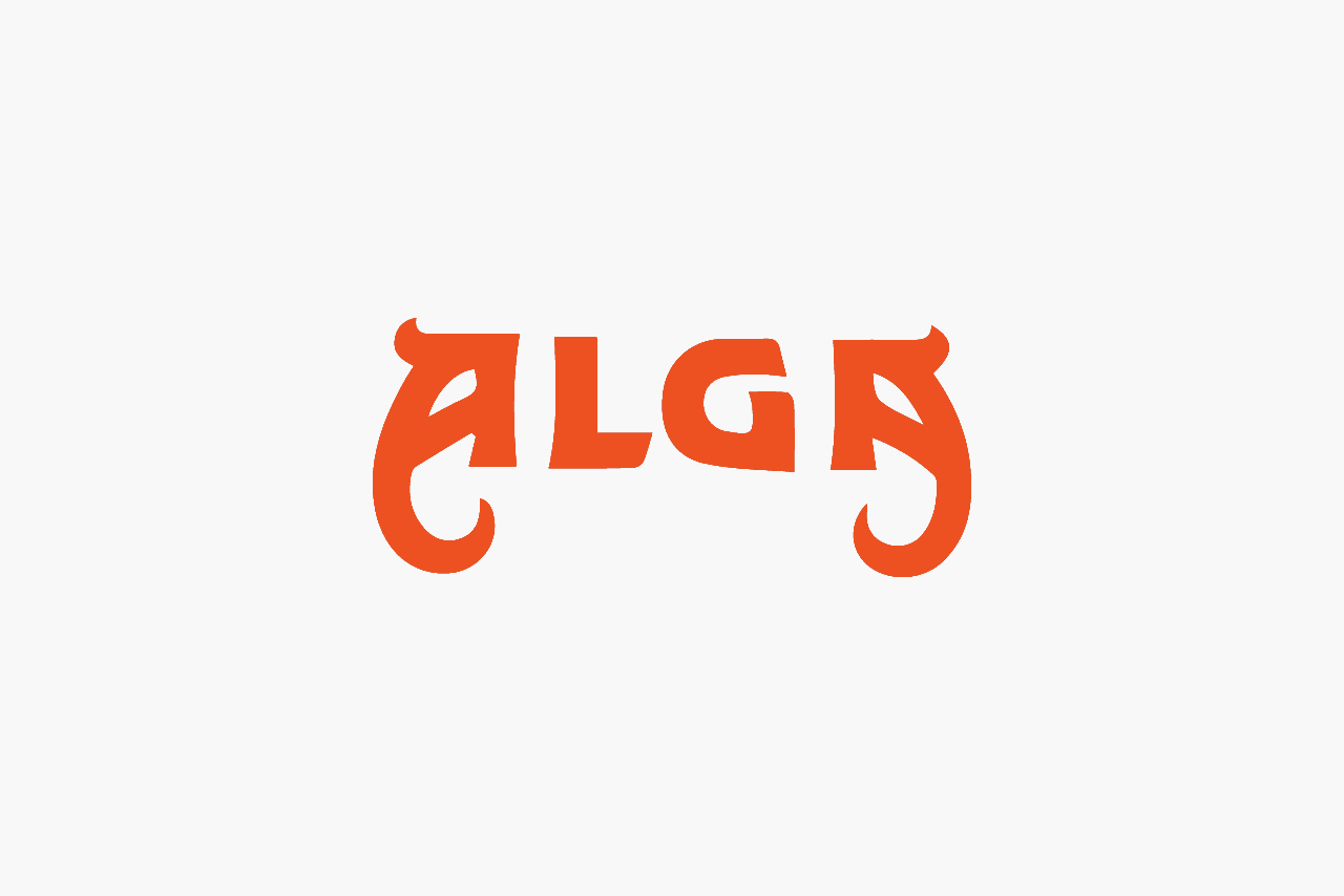 Alga Pharmacy wordmark logo. Orange lettering in capital letters and reflecting letter As