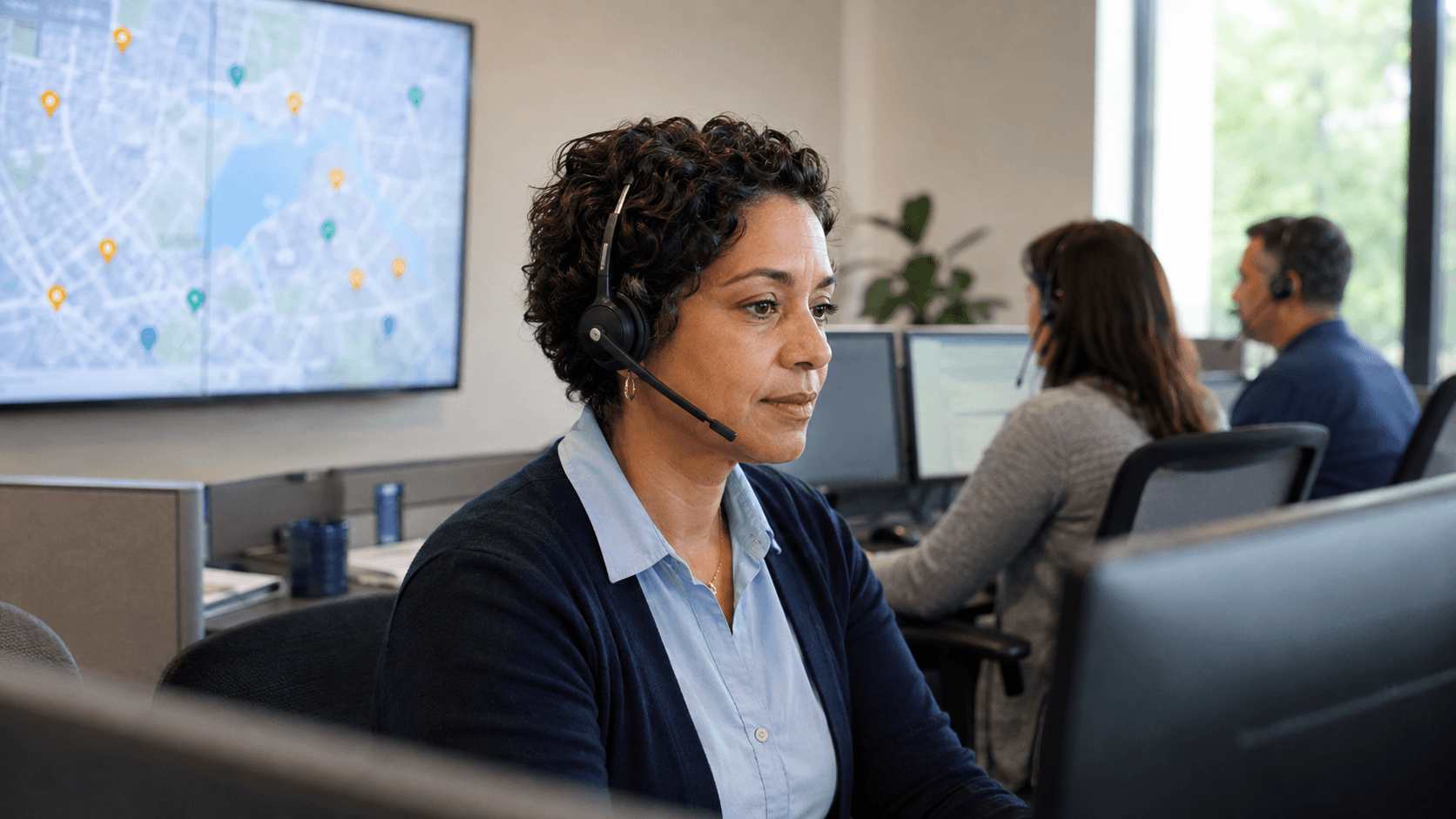 Utility customer support advisors work at headsets and computers with a service-area map behind them.