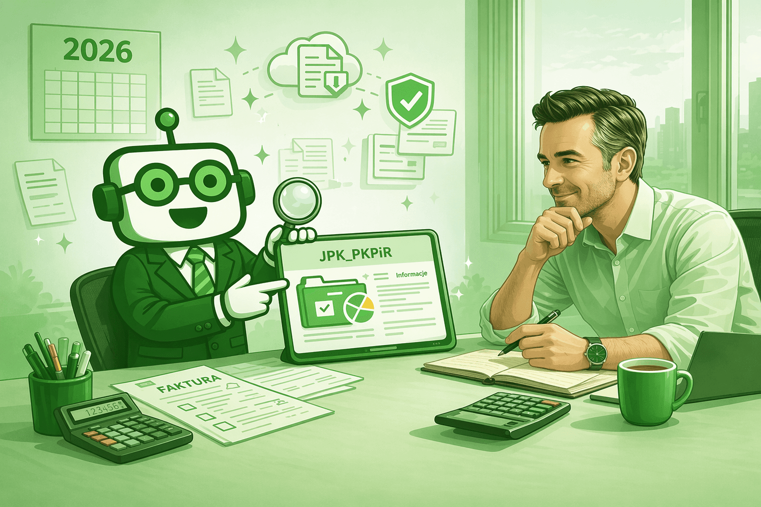 robot przy biurku z tabletem jpk pkpir