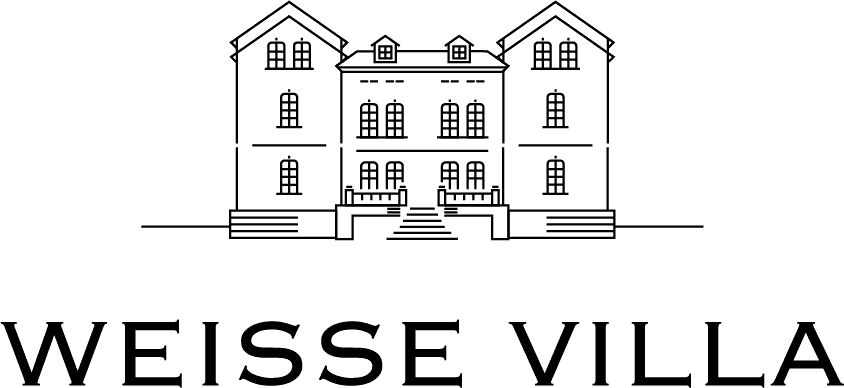 Logo der Weißen Villa: Eine Villa mit dem Schriftzug "WEISSE VILLA"