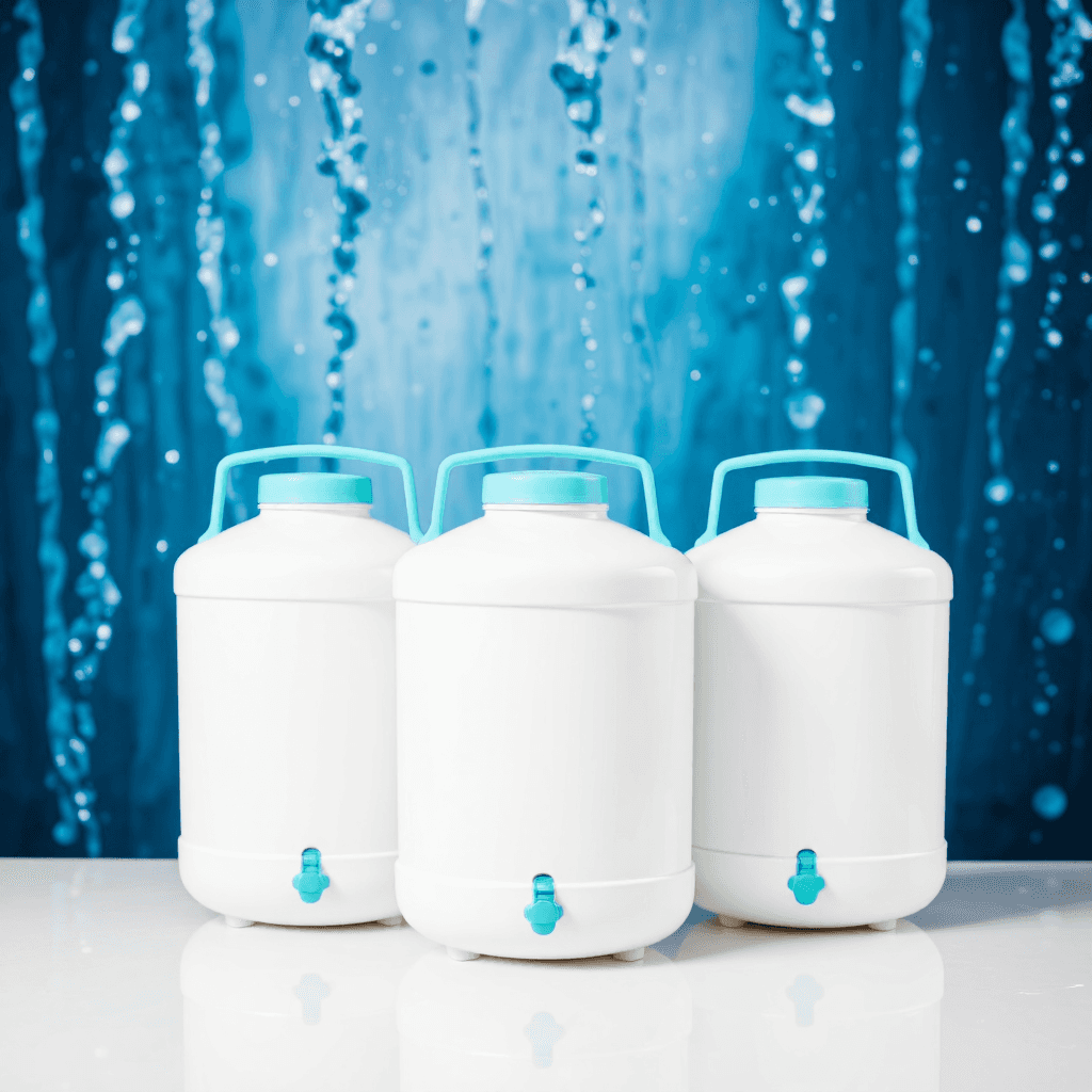 product photography of a set of plastic water storage containers