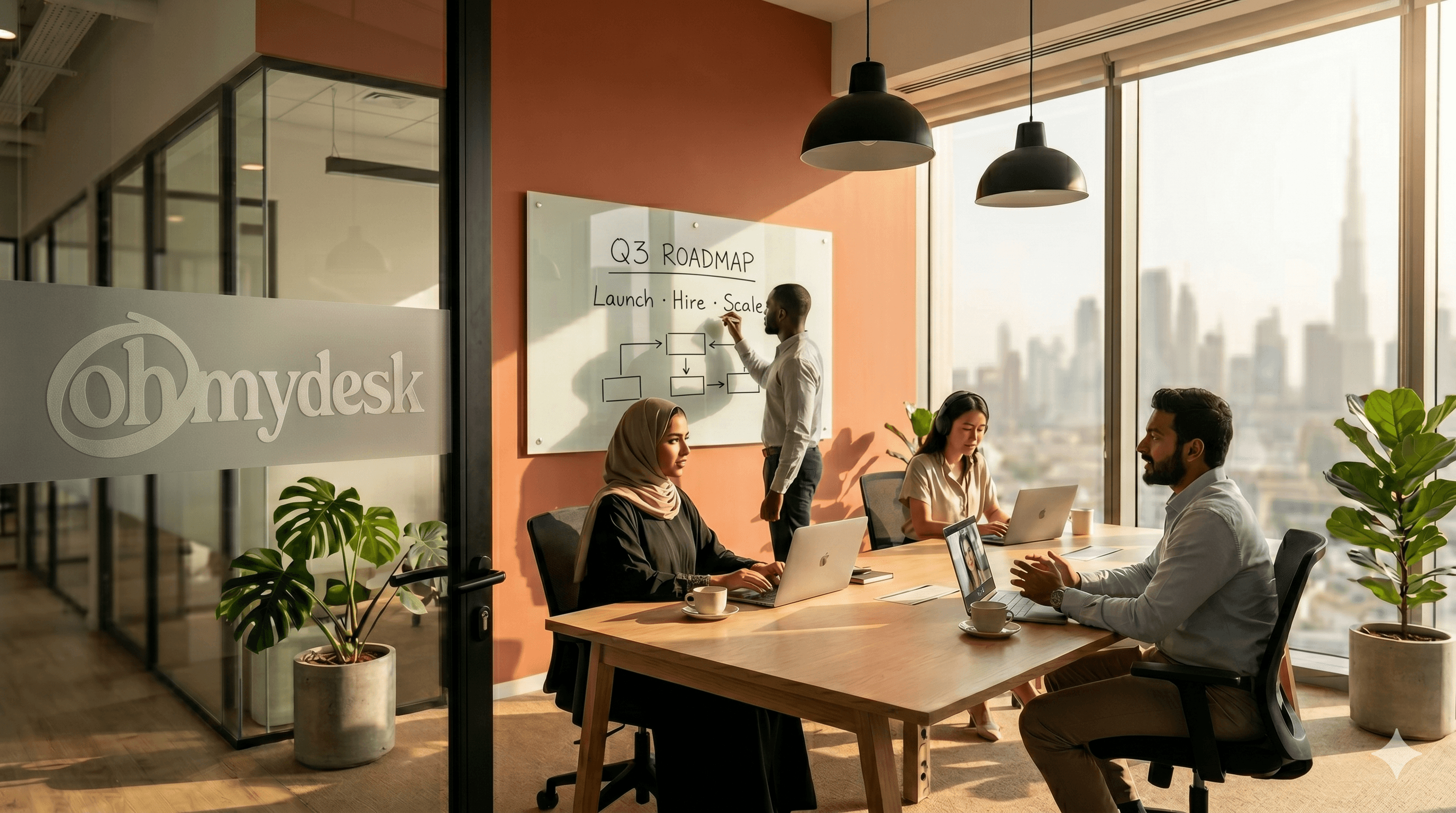 Private office for a small team of 4 at Oh My Desk Dubai — meeting table, whiteboard, Business Bay skyline view.