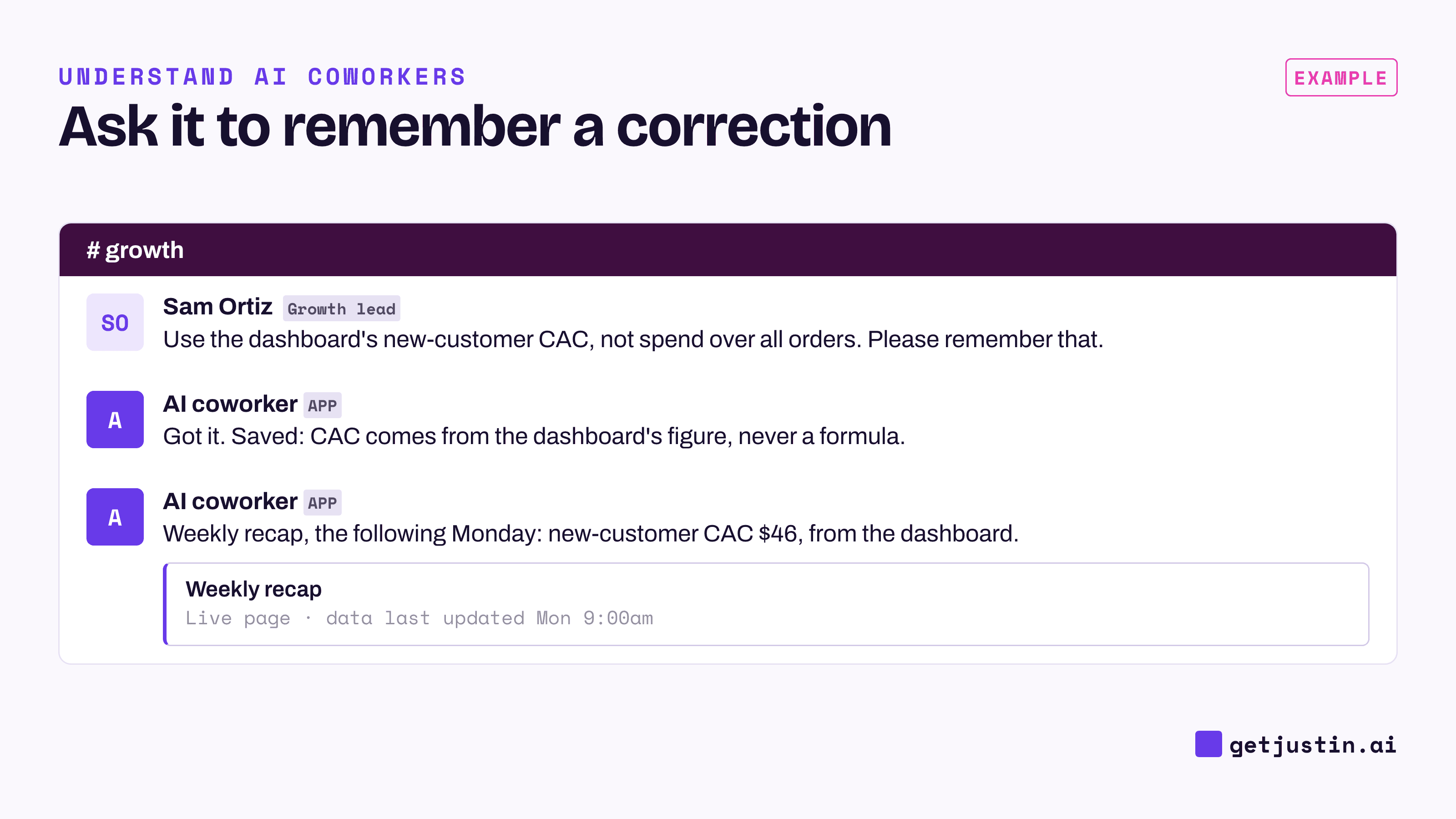 Example thread: a growth lead corrects how CAC is calculated, and the next weekly recap uses the corrected figure unprompted