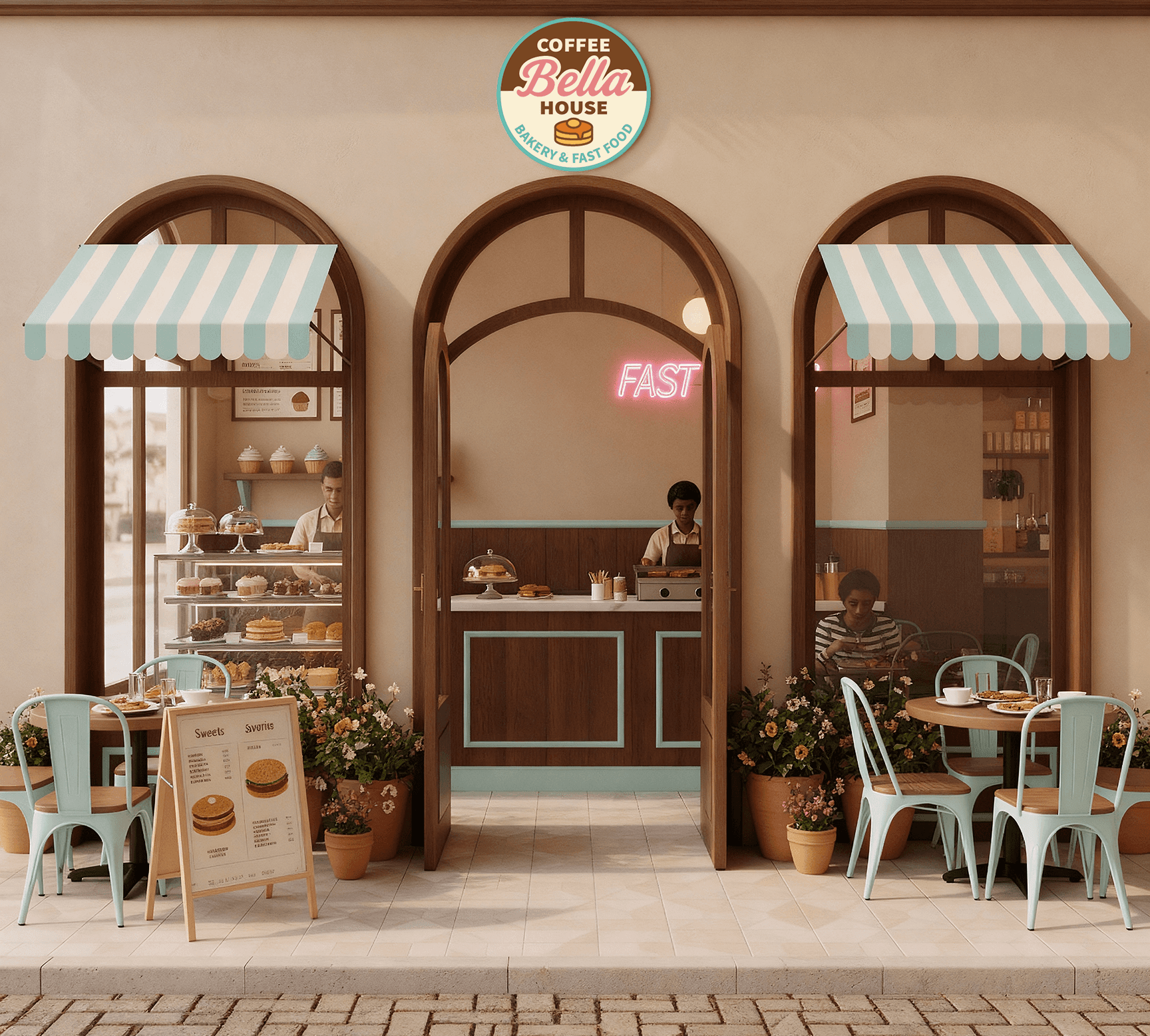 Coffe Bella House storefront facede mockup with branded exterior signage