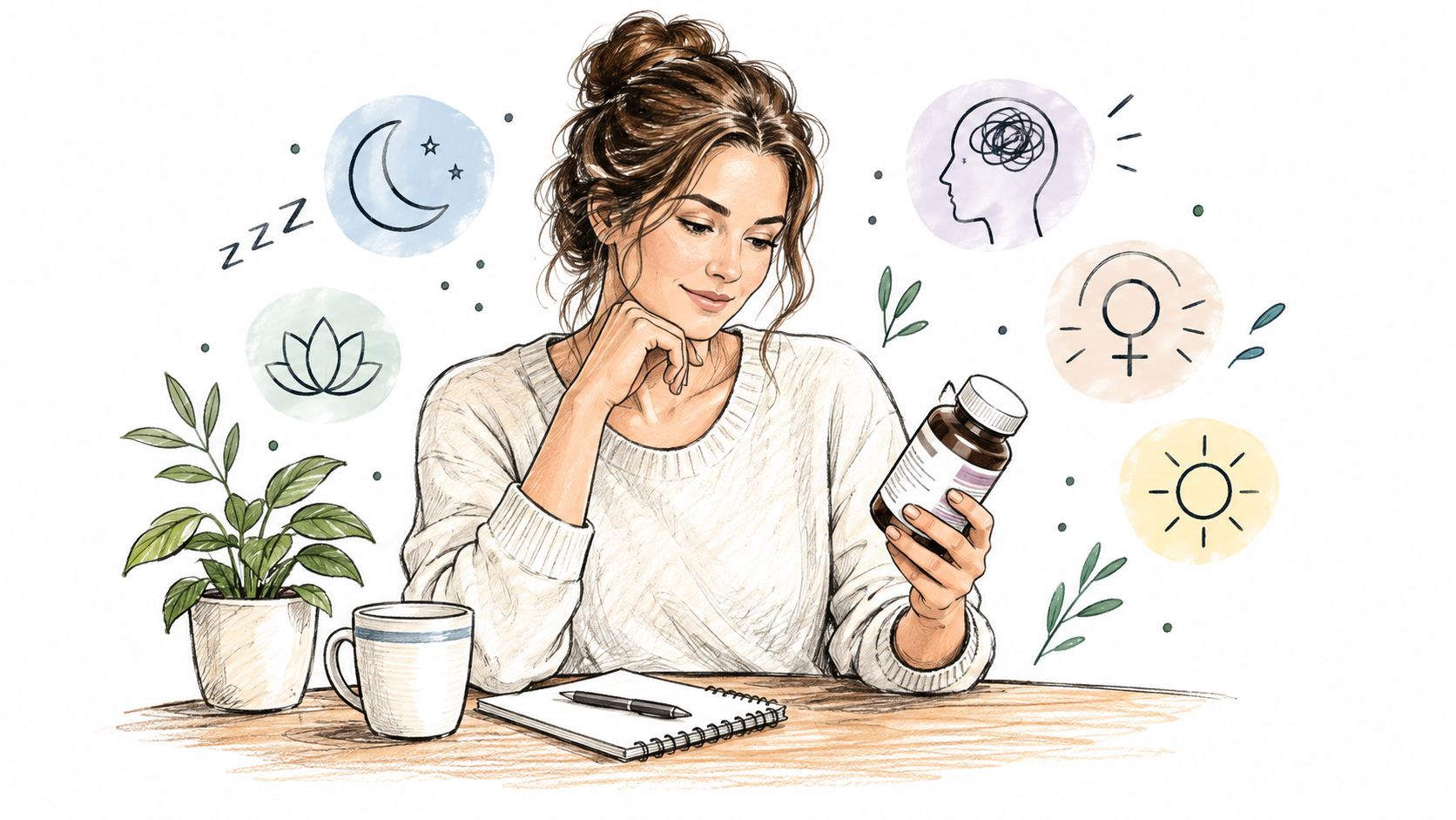 A woman looking at a supplement bottle while seated at a desk with icons representing health