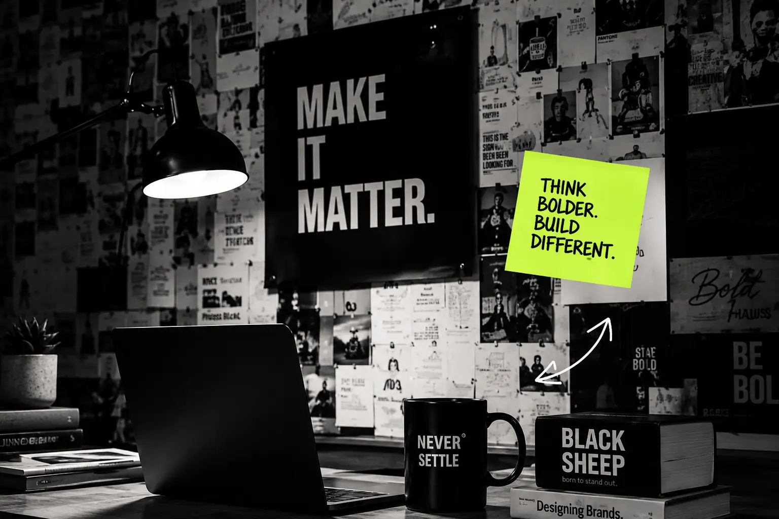 Creative workspace with inspiration wall, laptop, design books, and notes representing branding, strategy, and creative thinking.