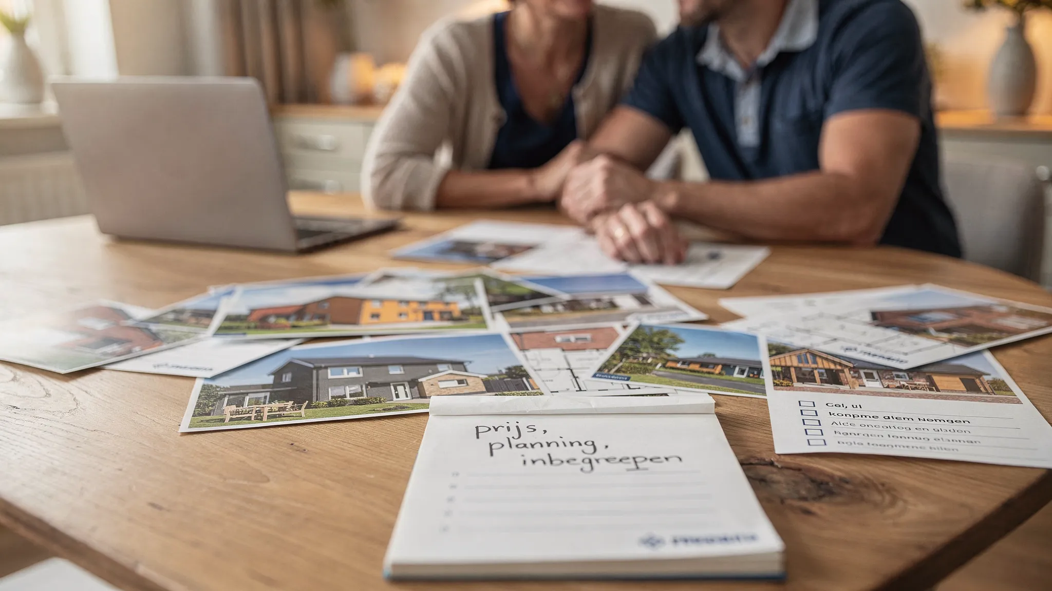 Koppel aan een eettafel dat verschillende bouwbrochures en een checklist vergelijkt, met een laptop dichtgeklapt op de achtergrond en een notitieblok waarop “prijs, planning, inbegrepen” staat.
