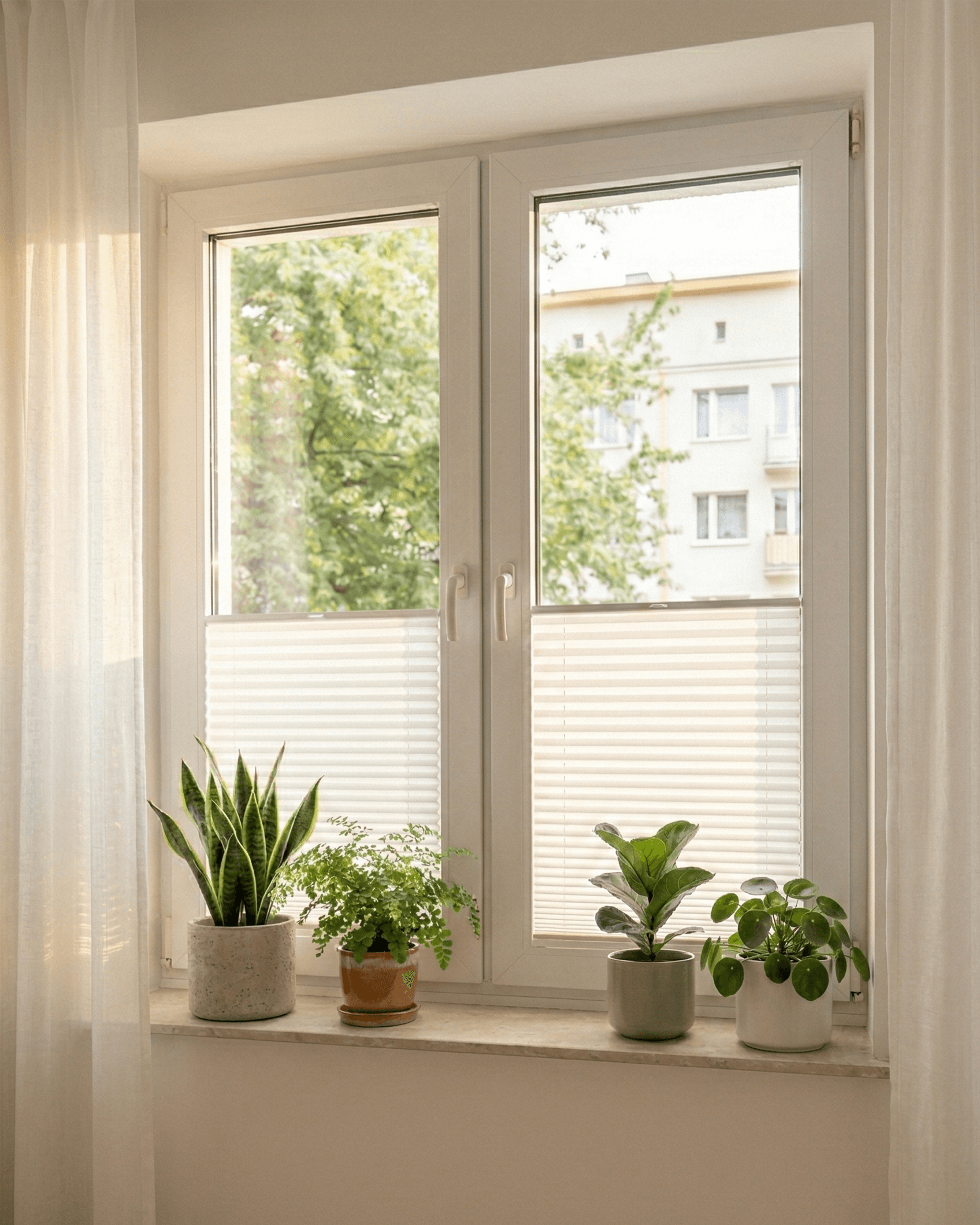 Białe plisy okienne zamontowane w salonie w bloku. HeyShade Pruszków – rolety plisowane z funkcją góra-dół dla pełnej prywatności w mieszkaniu.