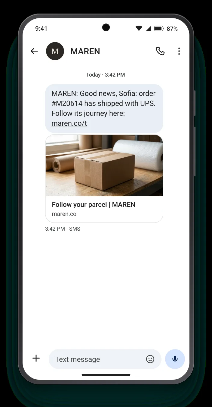 Left the warehouse, with a link to follow it shipping text on an Android phone