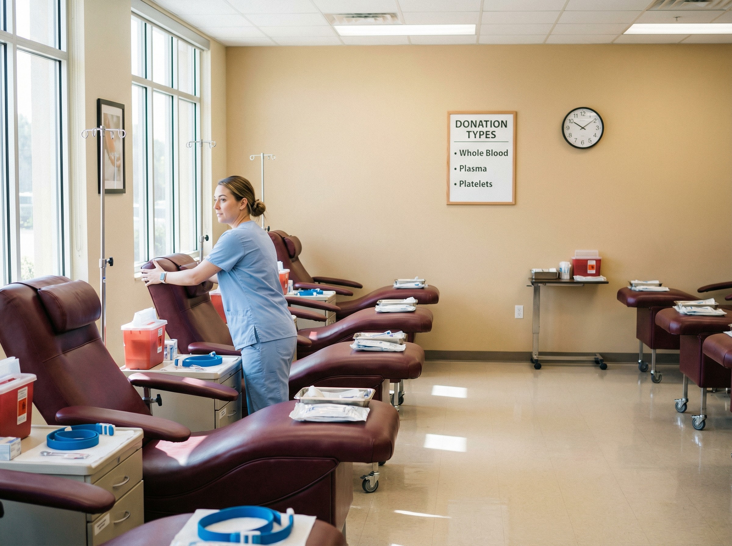 Eine Reihe bequemer Spenderliegen in einem hellen Raum; eine Uhr an der Wand, daneben ein Schild mit Spendearten. Eine Mitarbeiterin richtet eine Liege sorgfältig her. Der Raum wirkt vorbereitet, sauber und bereit für einen geordneten Ablauf. Klare Abstände zwischen den Plätzen geben Orientierung.