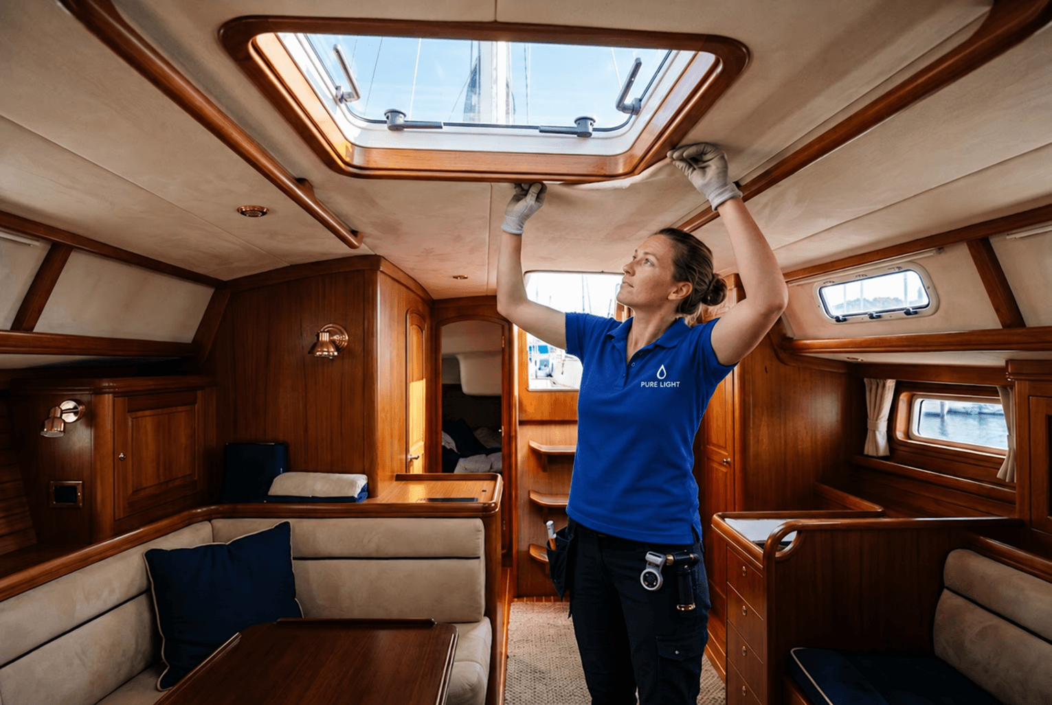 Technician inspecting a yacht headliner near an overhead hatch